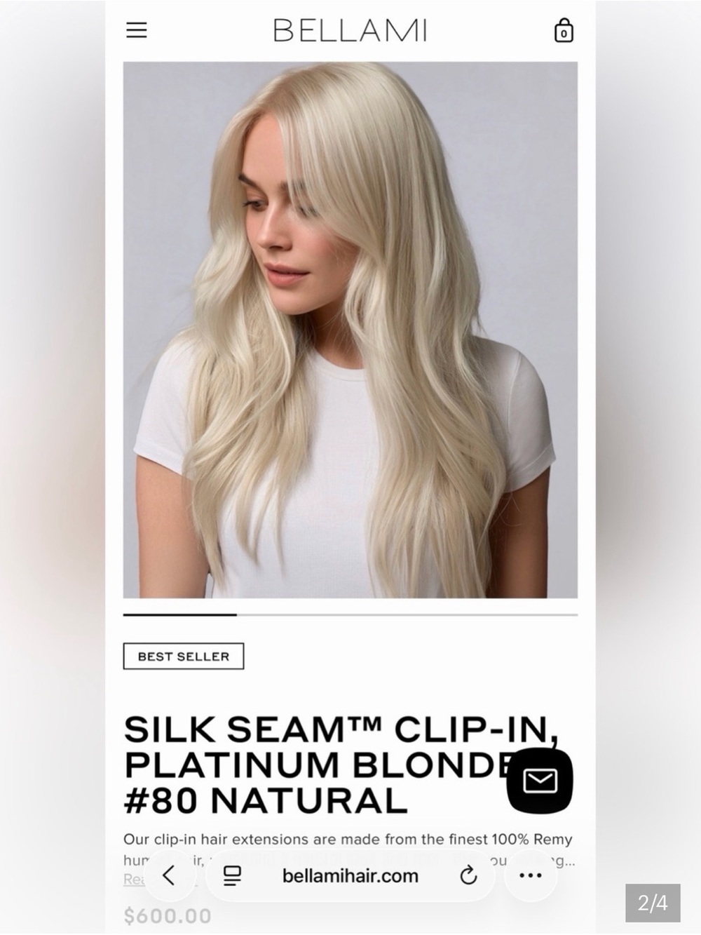 BELLAMI SILK SEAM 24IN Platinum Blonde Clip-In Hair Extensions 260 g.